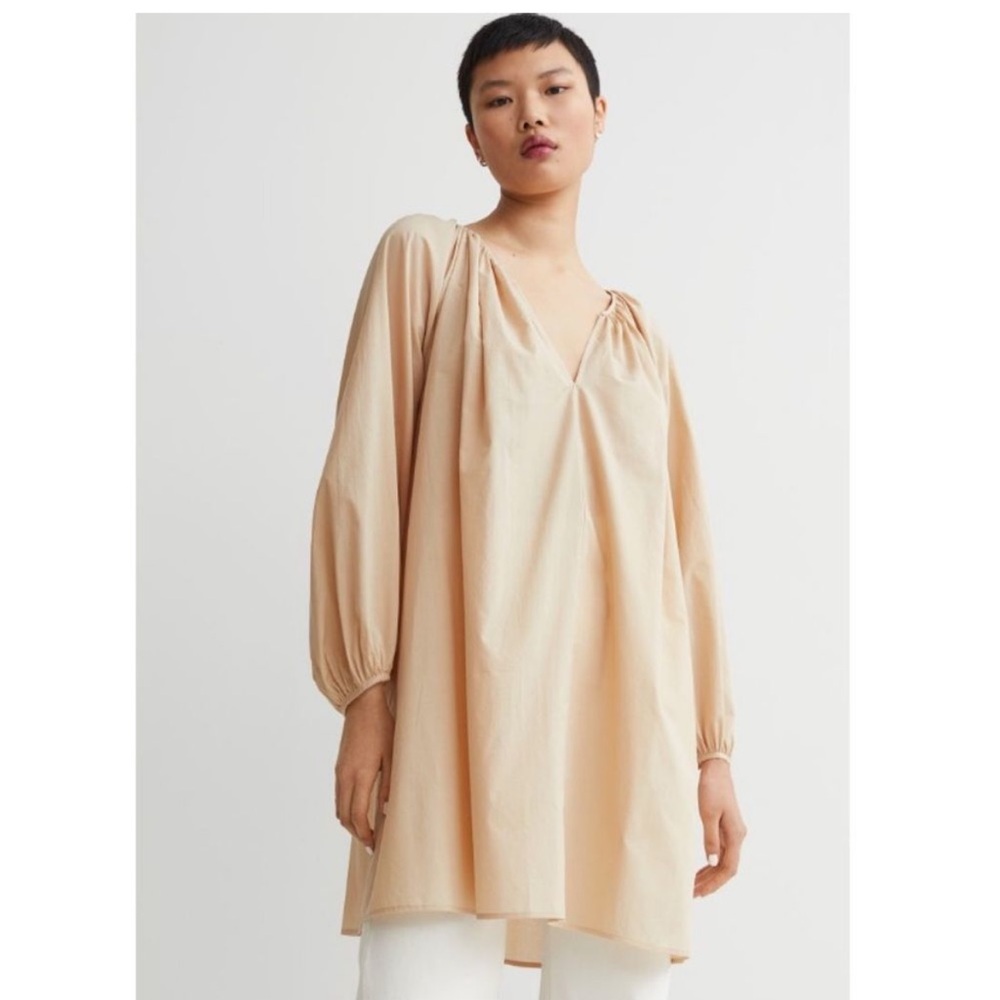 H&M Cotton A-Line Dress Raglan Balloon Sleeves Beige Oversized Size XL